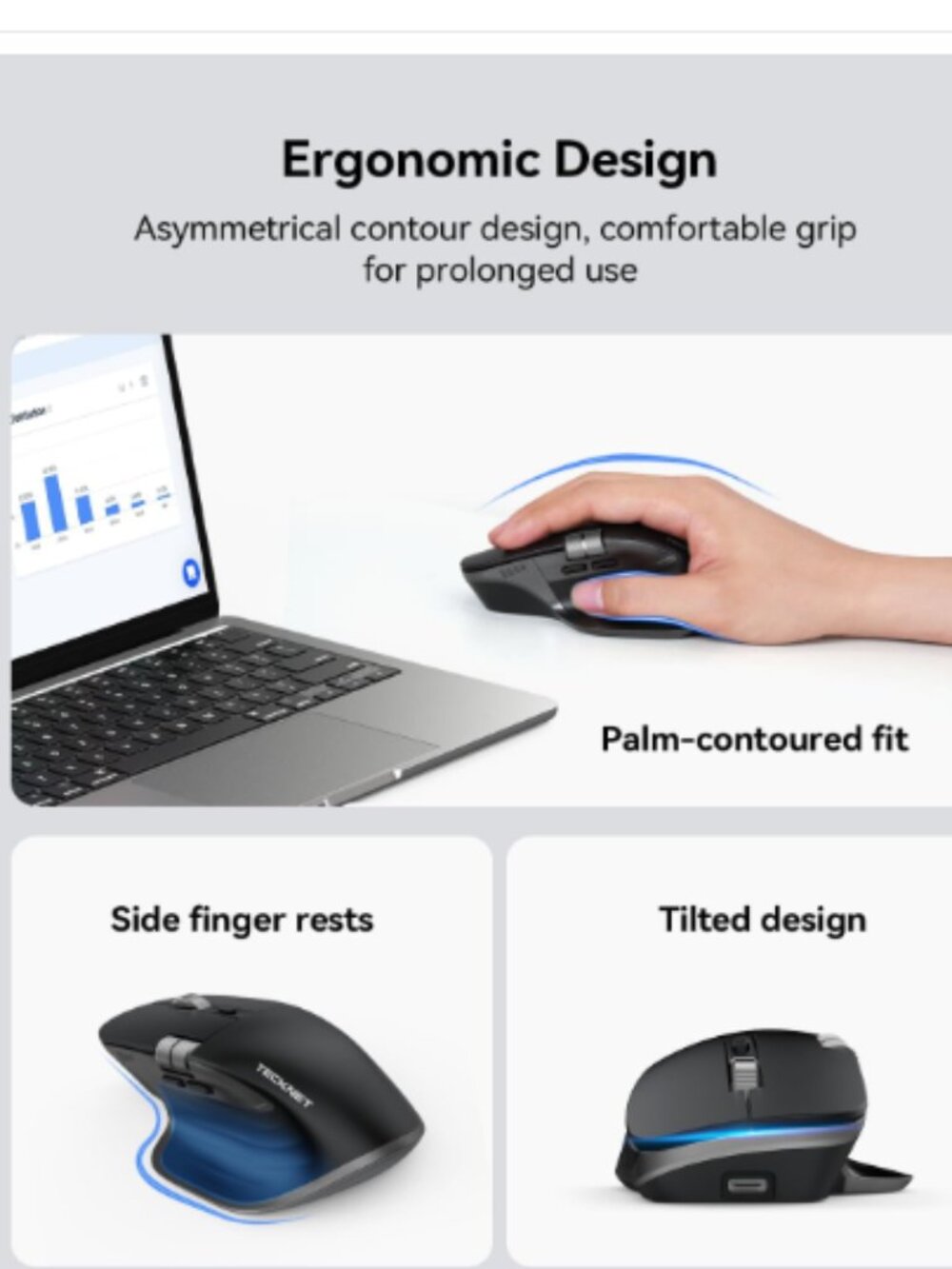 TECKNET Wireless Mouse, Bluetooth Mouse (BT5.3/5.0 & 2.4G) Rechargeable New - Picture 3 of 9